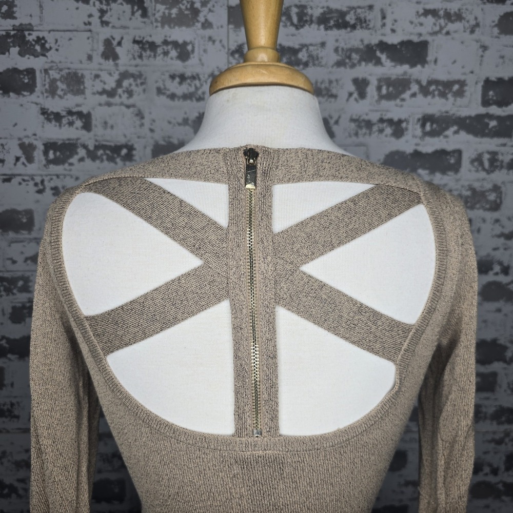 Cache Womens Cappucino Brown‎ Criss Cross Open Back Stretch Metallic Knit Top XS